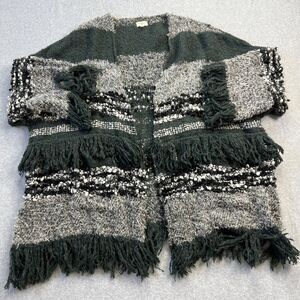 World Market Open Sweater One Size Black Gray Wool Blend Fringe Boho Festival